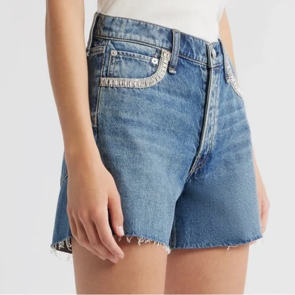 NEW rag & bone Embellished High Waist Raw Hem Cut Off Denim Shorts in Evjwl